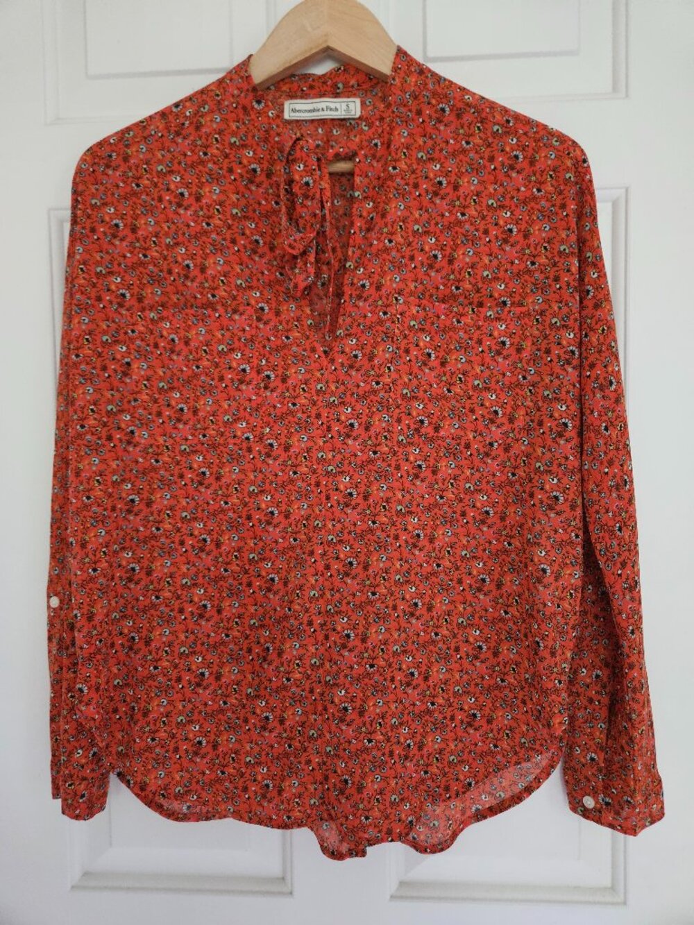 Abercrombie Rust Orange Floral Tie Front Blouse Roll Tab Sleeve Size S